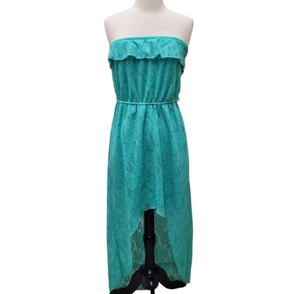 Trixxi Floral Lace Strapless High Low Hem Turquoise Green Dress Sz L - Picture 3 of 14